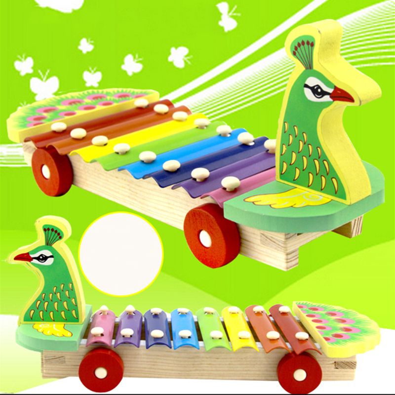 Børn børn træ påfugl trailer klaver farverig sød percussion legetøj tidlig læring uddannelse musikinstrument  y4ud