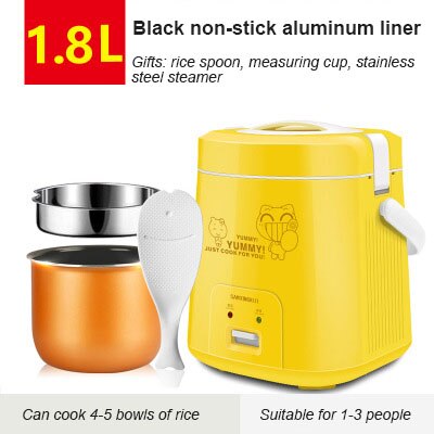 1.2l / 1.8l mini elektrisk ris komfur 2 lag opvarmning mad damper multifunktion mini måltid madlavning pot 1-2 personer madkasse: Gul -1.8l-05