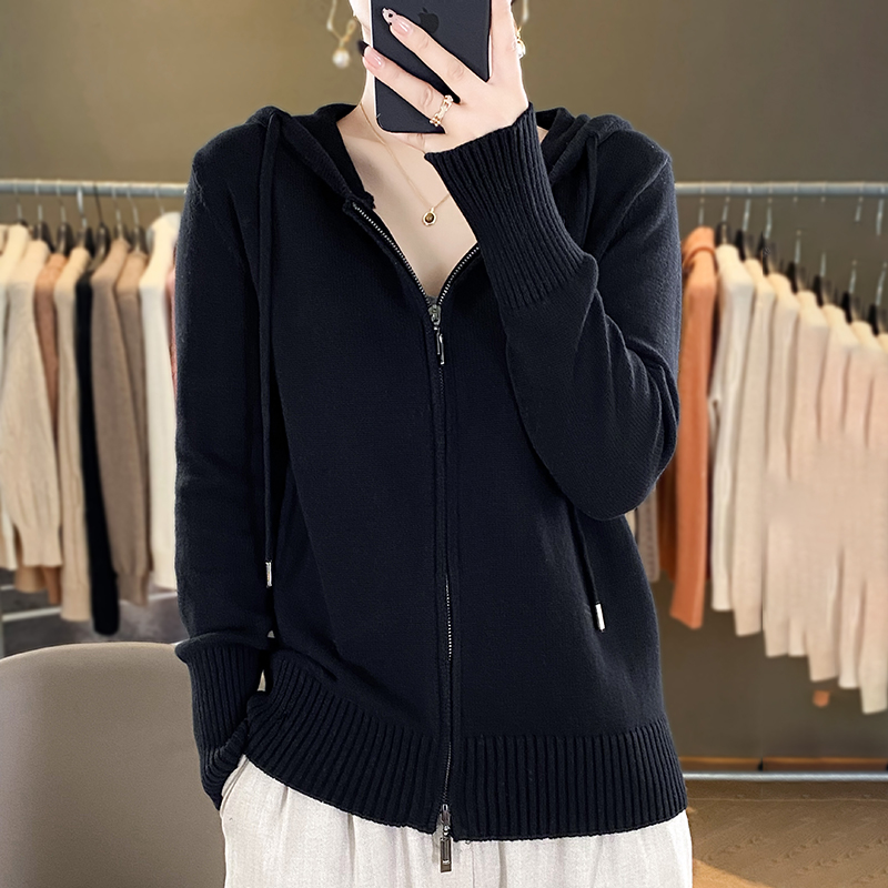 Klassische Hoodie Frauen Strickwaren 100% alle Baumwolle Cardigan Pullover lange Ärmel Doppel reiß verschluss Stil dicke warme Basics Tops: XXXL / Black