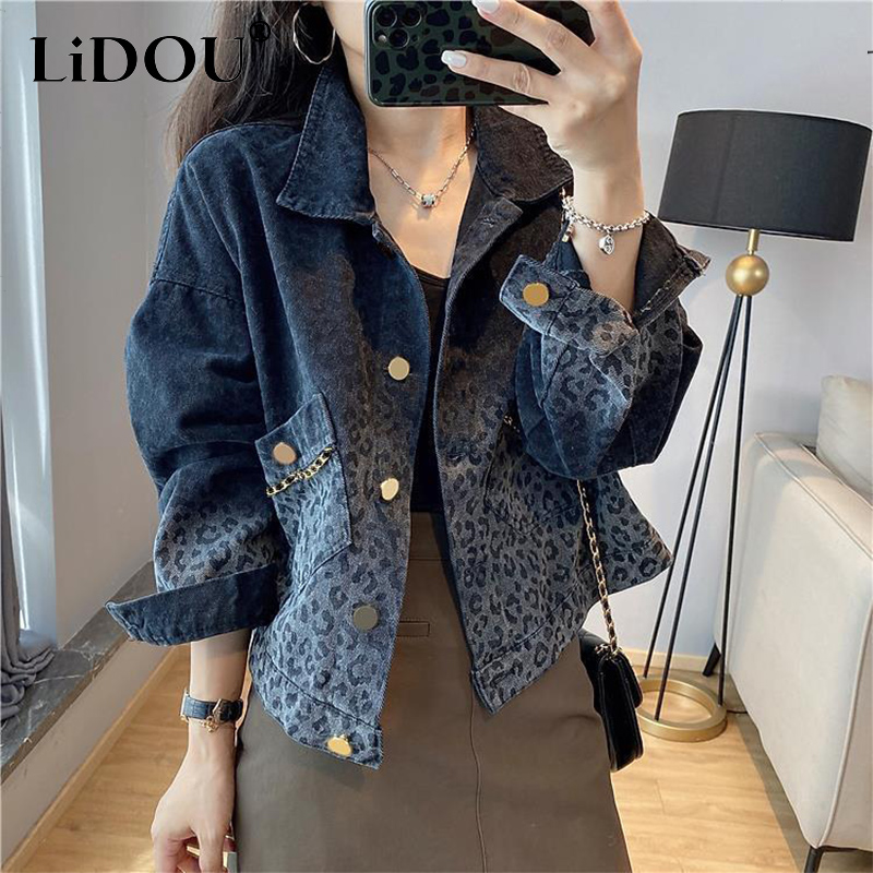 Autunno inverno Streetwear Vintage Leopard Print Denim Coat Ladies Harajuku Y2K Casual Fashion All-match Jacket donna Outwear Top