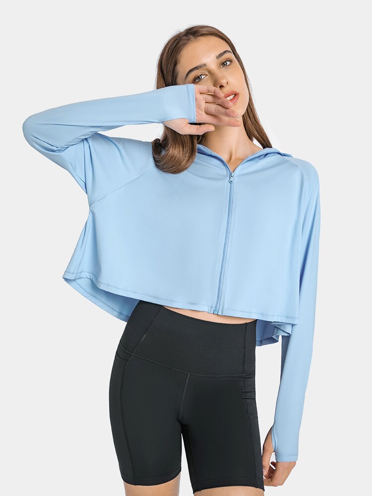 Svokor damen kapuzen-yogashirt mit reißverschluss, langärmliges fitnesstop mit uv-schutz, langärmliges sonnenschutz-laufshirt, gymnastik-t-shirt