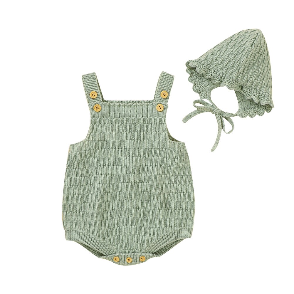 Focusnorm 4 Kleuren Baby Meisjes Jongens Gebreide Trui Rompertjes Hoeden 2 Stuks Solid Ruches Mouwloze Warm Jumpsuits: green / 12m