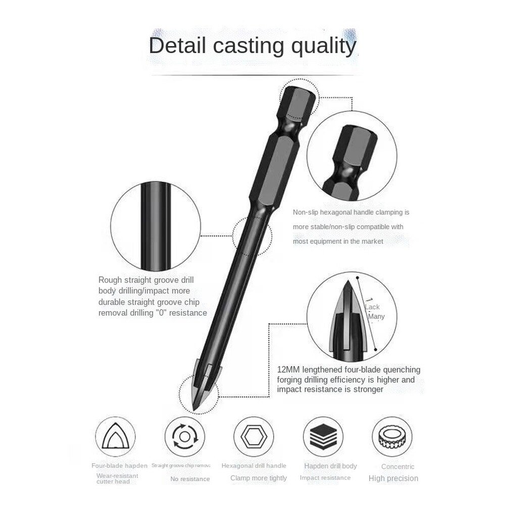 3/12mm Cross Triangle Drill Straight Shank Twist Drill Cemented Carbide Hex Handle Glass Ceramic Vitrified Brick Drill Bits