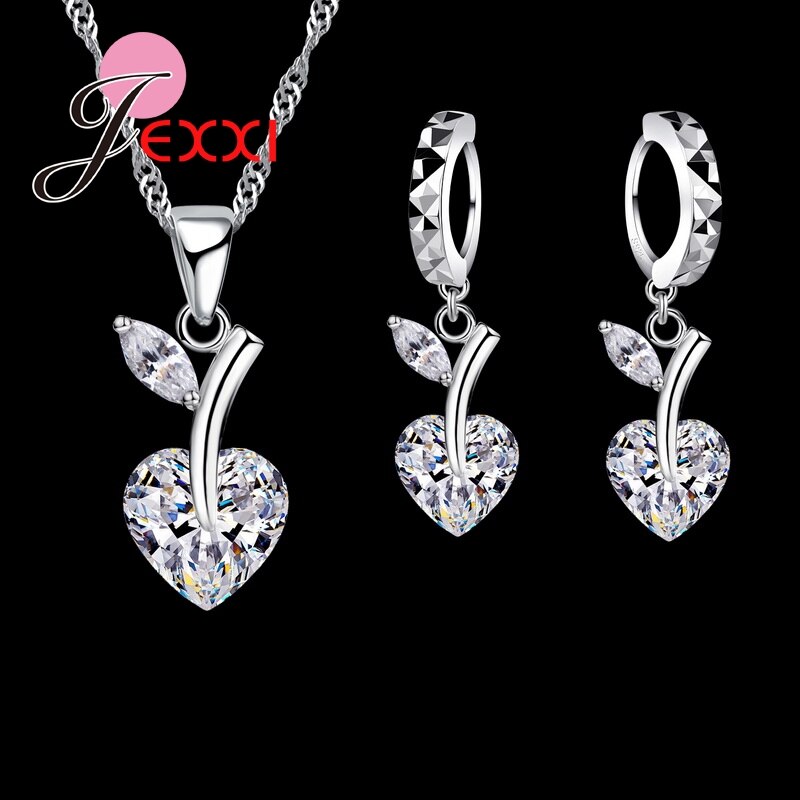 Romantische Crystal Heart Sieraden Set 925 Sterling Zilver Cubic Cherry Ketting Oorbel Romantische Bruiloft Sieraden Set