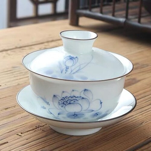 Kinesisk håndlavet keramik gaiwan hvid porcelæn kontor te kop bærbar rejse te skål håndmalet kung fu te sæt drikkevarer: D