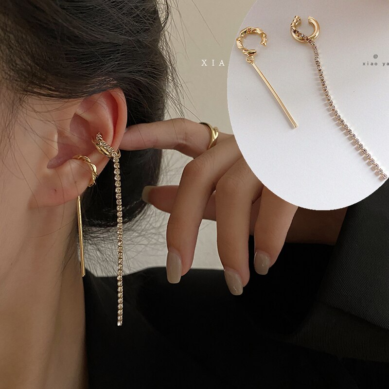 Huanzhi simpel guld metal asymmetri lang kvast ingen piercing øre manchet krystal krog klip øreringe til kvinder smykker: C