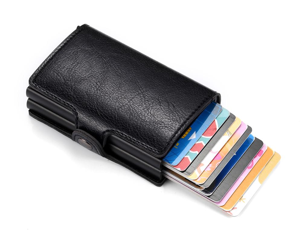 RFID Men's Leather ID Credit Card Holder Male Automatic Aluminum Alloy Hasp Business Double Layer Cardholder Wallet for Man: Black