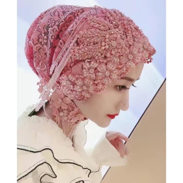 Boutique Handwork Muslim Bride Lace Wedding Party Hijabs Caps 2pcs/set: C