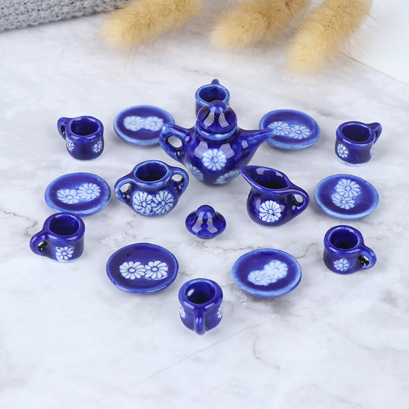 Porcelain Miniature Tea Cup Sets Mini Teapot Coffee Plate Play Kitchen Dining Ware Toy 15pcs 1/12 Dollhouse Tableware