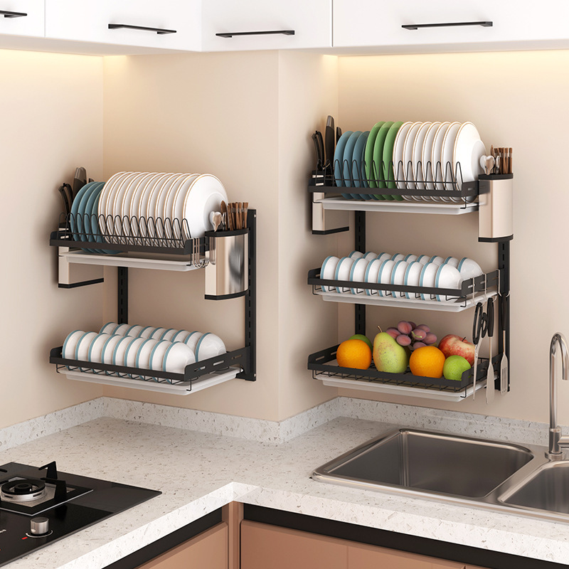 High Black Stainless Steel Dish Rack Wall Hanging Bowl Plate Rack Drain Shelf Free-punching Kitchen Storage Organizer