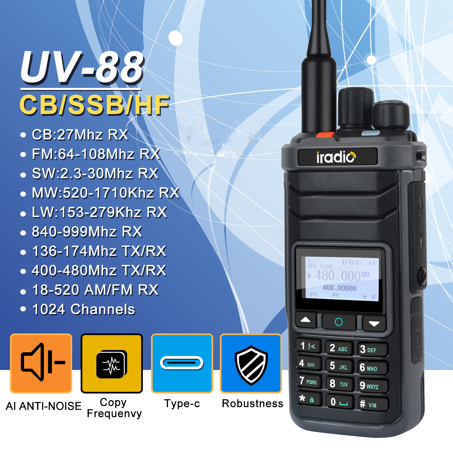 Iradio UV-88 Multi Band Ham Radio HF UHF VHF Walkie Talkie AM USB LSB CW CB LW MW SW SSB RX 1024Ch USB-C Batteria RT-860 Variante