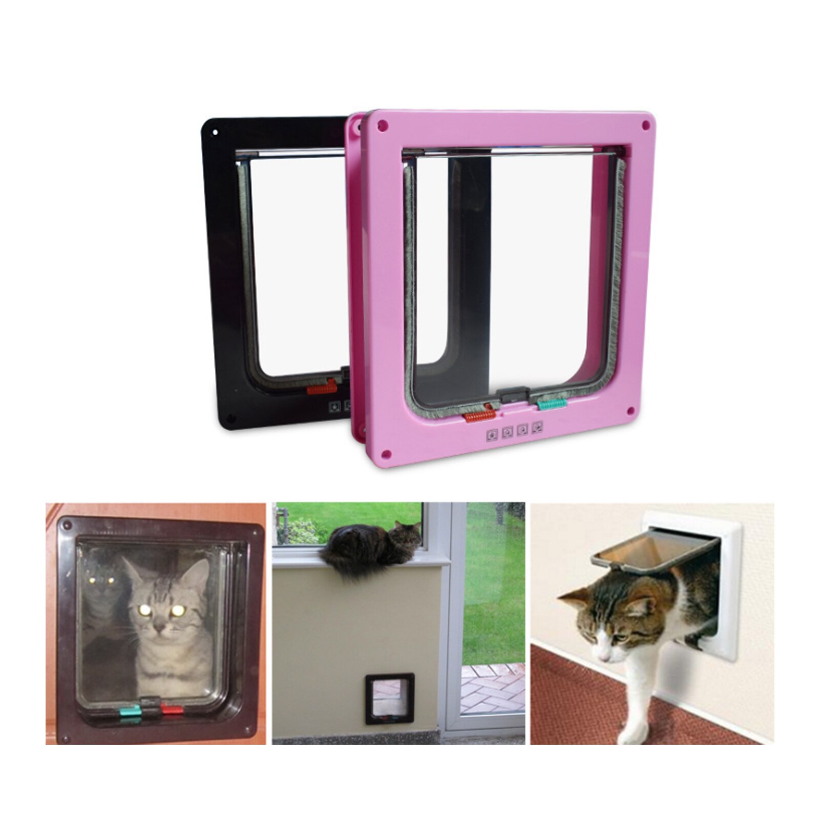 Cat Flap Door 4 Way Locking Security Pet Cat Puppy Door for Interior Exterior Door Anti Escape Safety Gate Frame Cats Supplies