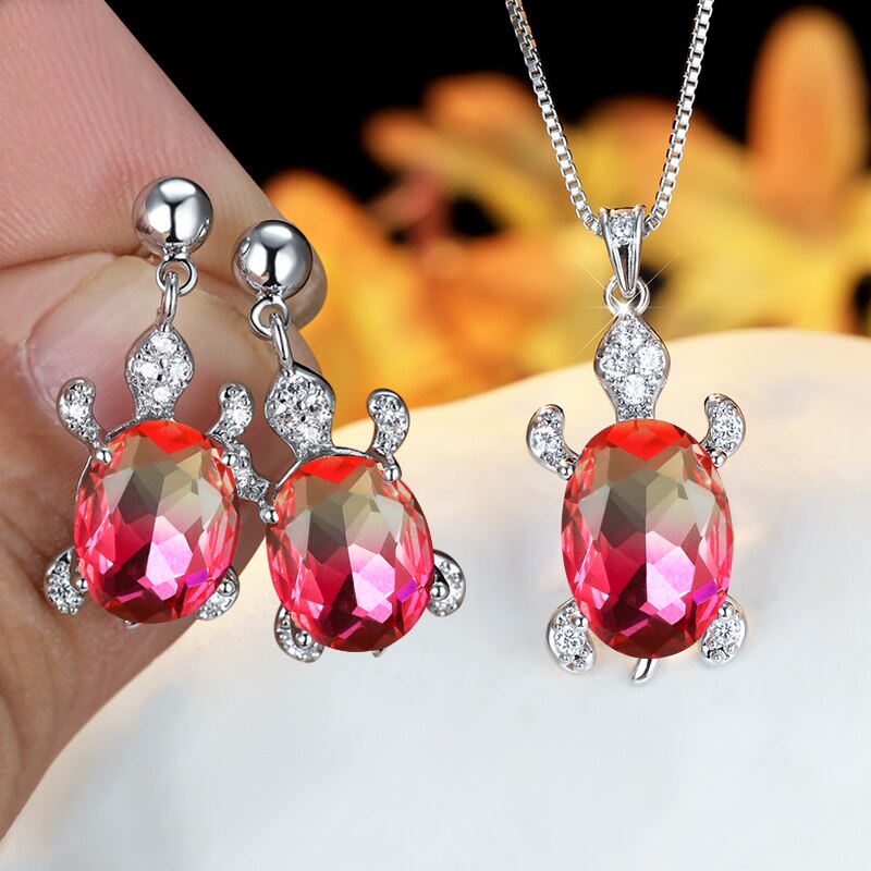 Regenboog Opaal Grote Ovale Steen Zee Schildpad Sieraden Sets Multicolor Crystal Tortoise Kettingen Oorbellen Voor Vrouwen Wedding Bridal Sets: Pink Yellow