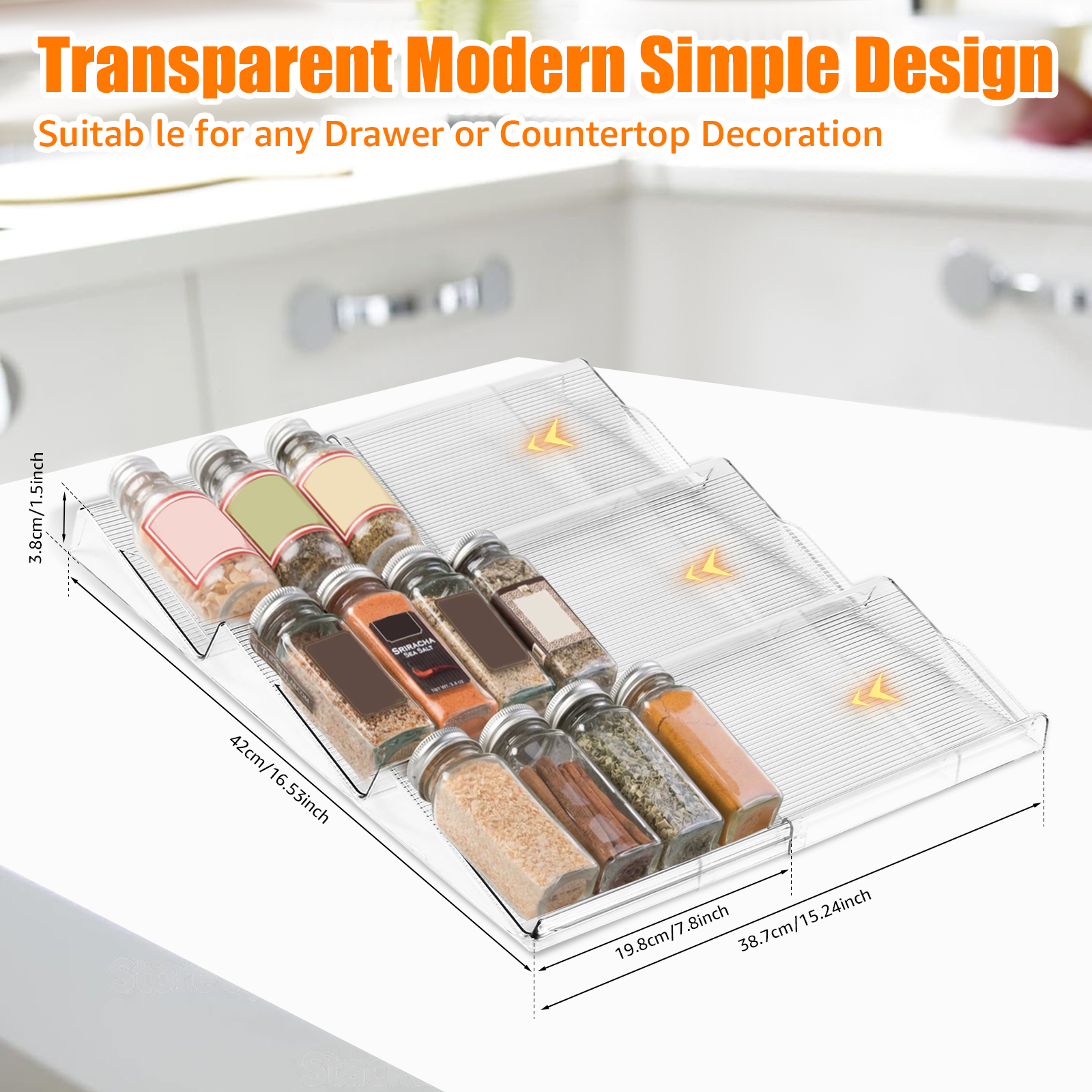 3 Tiles Telescopic Spice Drawer Rack Large-Capacity Acrylic Storage Tray Kitchen Versatile Drawer Organizer for Reasoning Jar