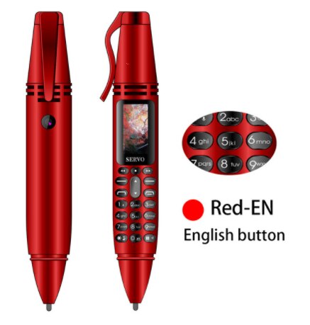 Tiny Screen Pen smallest mini Mobile phone Dual SIM Card Bluetooth Dialer Cellphone with Flashlight Recording Pen FM Radio: ADD 4GB TF CARD / Red EnglishButton