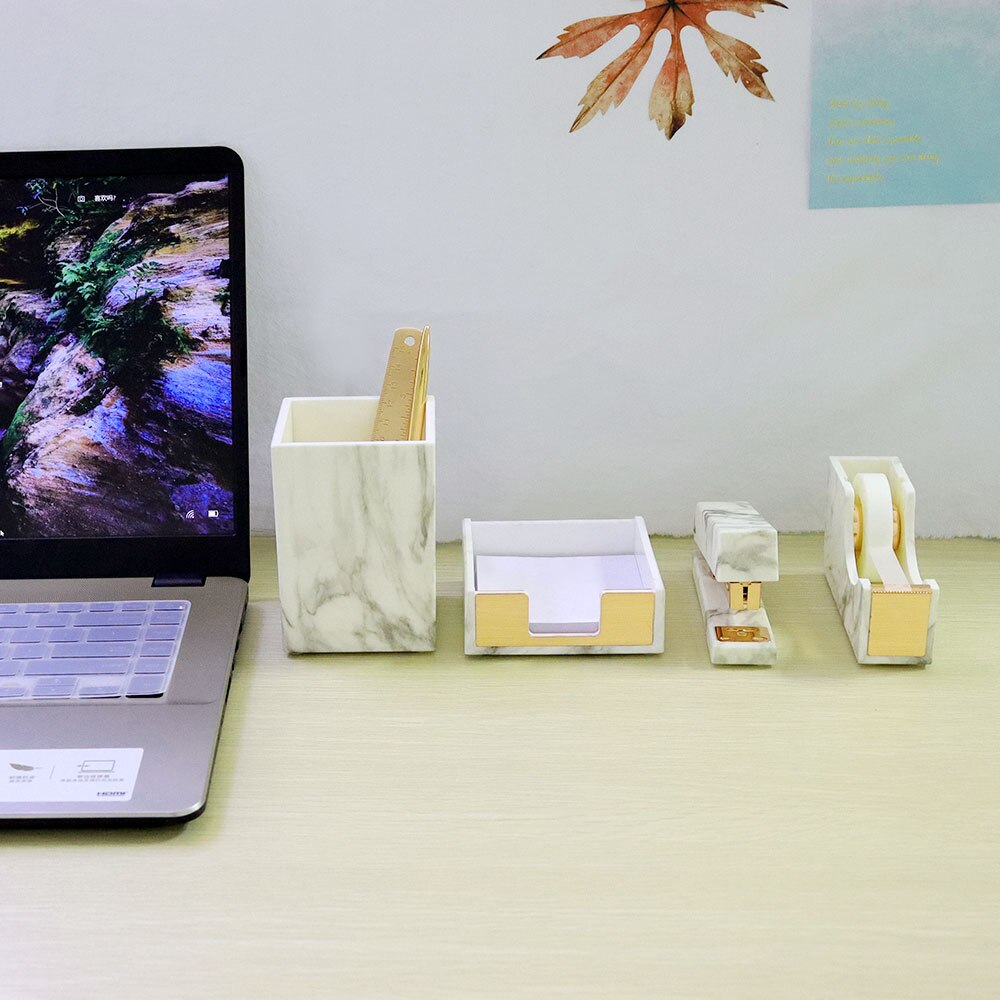 Marble Gold Desk Accessories Organizer Set Tape Dispenser Stapler for Desk Sticky Notes Holder Pencil Pen Holder Office Supplies