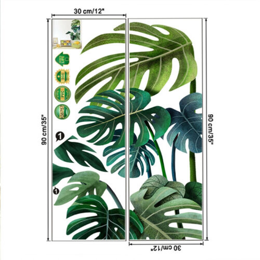 Tropical Leaves Wall Decals Fresh Green Palm Tree Leaf Removable Vinyl Wall Stickers for Home Living Room Office