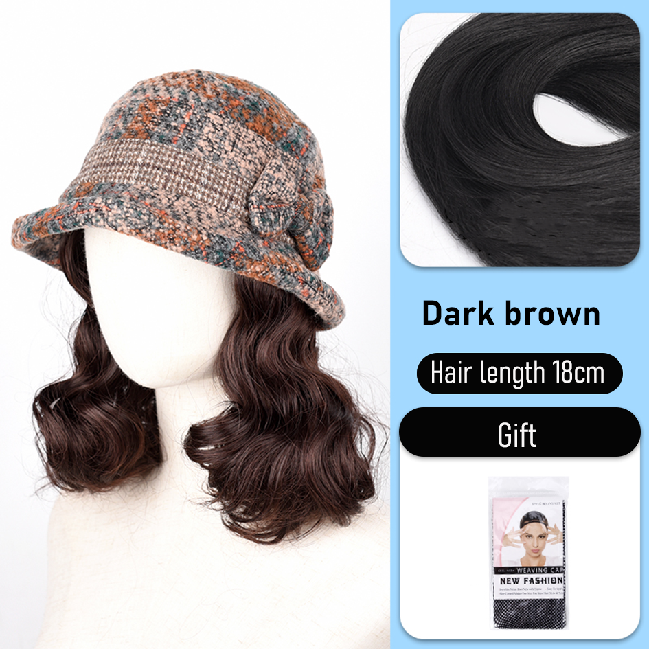 Synthetic 6inch plaid fisherman hat short curly hair wig brown princess curly roo cold warm horse roll Christmas: T1B/350