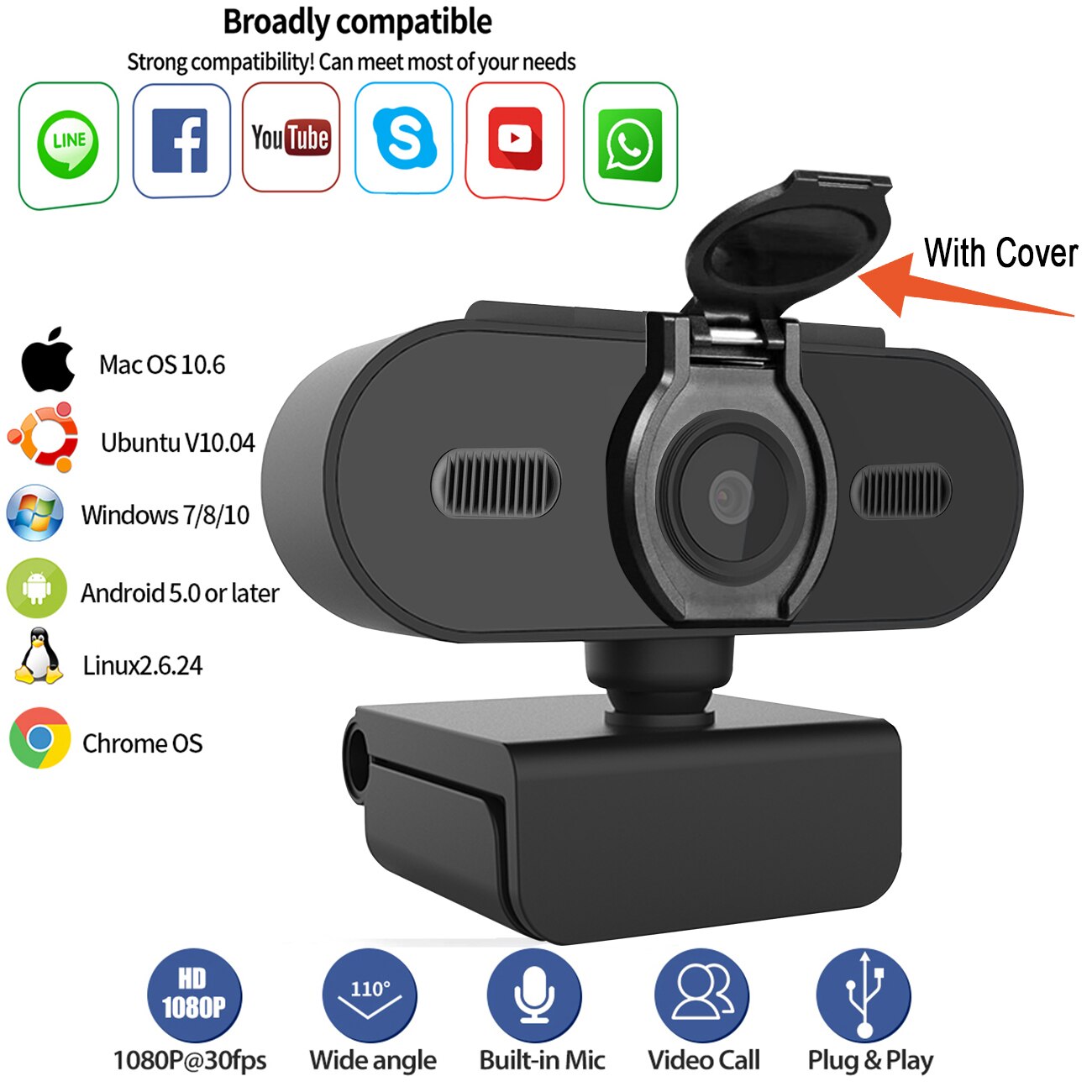 1080P Webcam 2K Full HD Web Camera per PC Computer Laptop USB Web Cam con microfono Autofocus per videochiamate in diretta: Default Title