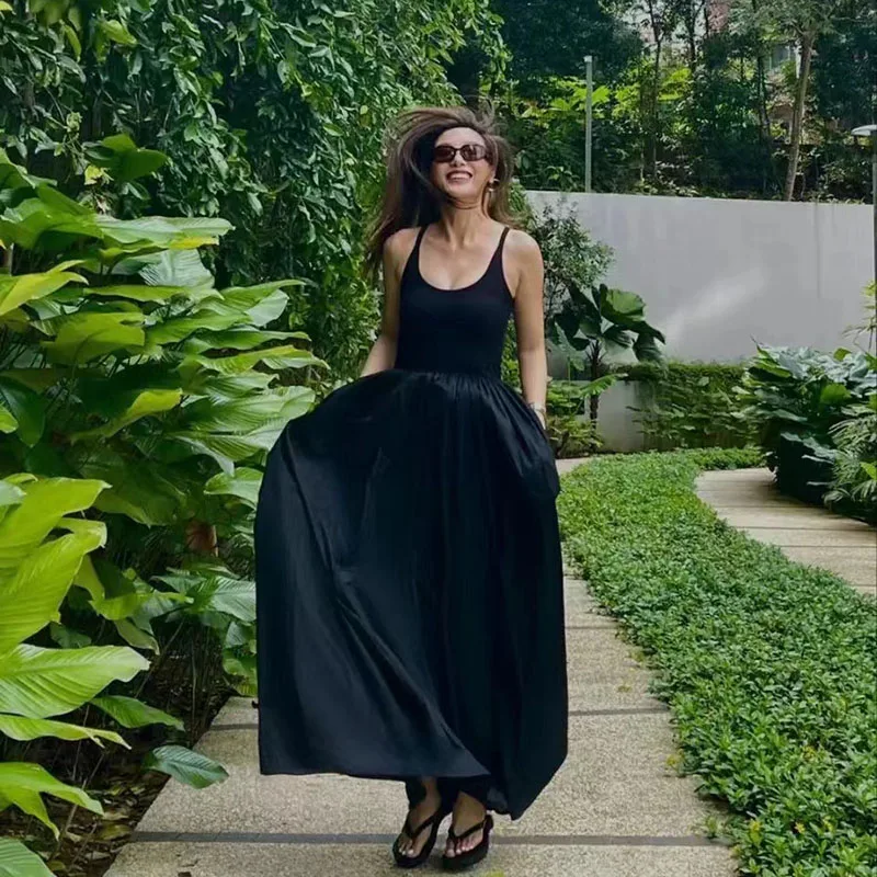 Lucyever Korean Black Maxi Dress Women Summer Sleeveless Spaghetti Strap Dresses Female Patchwork A-Line Dress