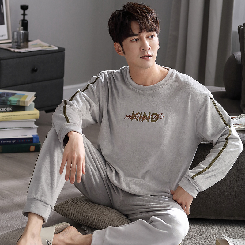 Pyjama en molleton pour homme, ensemble de nuit, col rond, lettre de couverture, épais, garde au , flanelle, vêtements de maison, automne et hiver: LX-71756 Gray / L