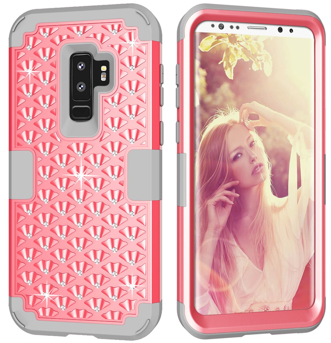 Estuches para Samsung Galaxy S9 Plus, híbrida resistente a golpes con diamantes de imitación brillantes con doble capa de protección contra impactos: For Galaxy S9 / Pink Gray