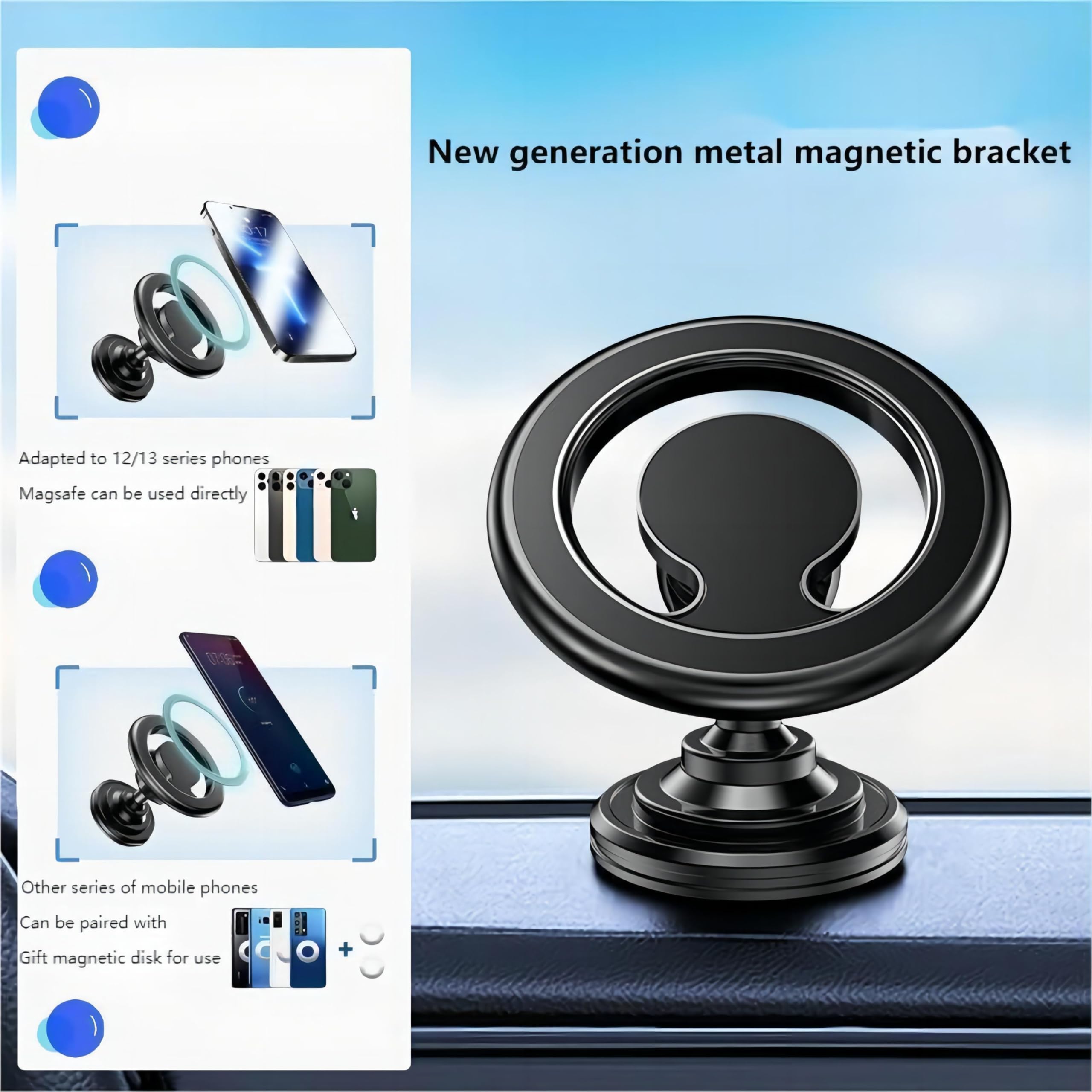 magnetische telefoonstandaard, draaibaar dashboard zwart, montagesteun GPS mobiele beugel in auto voor Macsafe iPhone 15 14 13 12