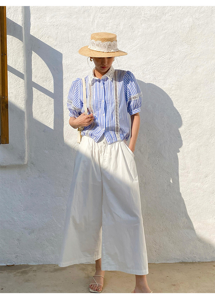 Fransk stil randig blus blå kvinnor vit bomull spets chic ihålig sexig casual sommar damer toppar skjortor