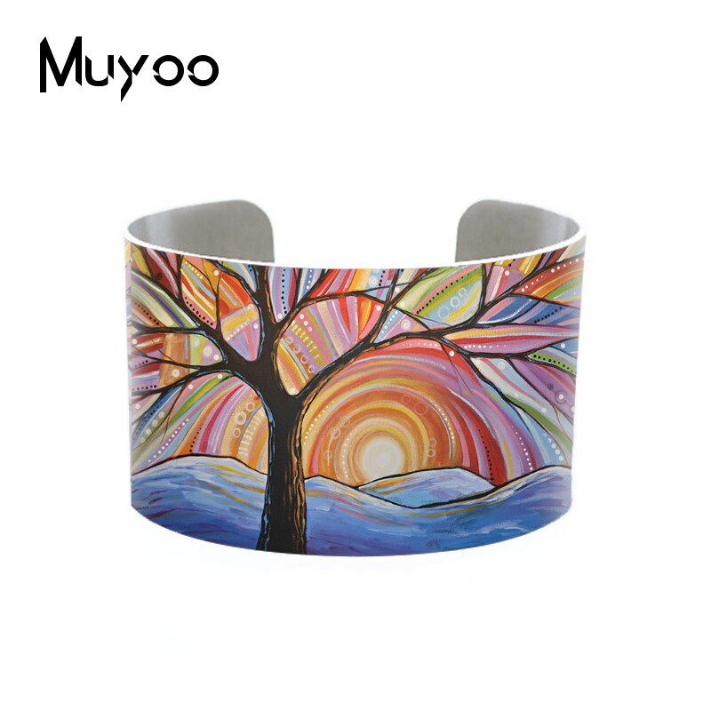 Original Abstract Landscape Painting Handmade Aluminum Cuff Vintage Tree Art Oil Painting Adjustable Bangles Cuff: 7