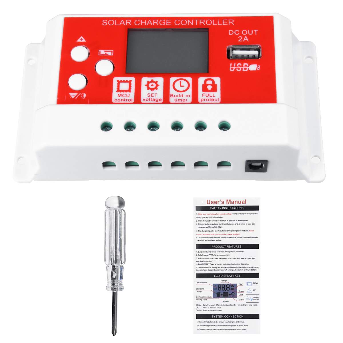 20A 12V/24V AUTO Solar Charge Controller LCD Display PWM USB Solar Panel Regulator Charge Controller