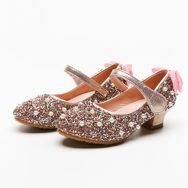 ULKNN Kids Shoes Girls Rhinestone Princess Shoes Child's Leather Show Crystal High-heeled Children's Shoes Pink