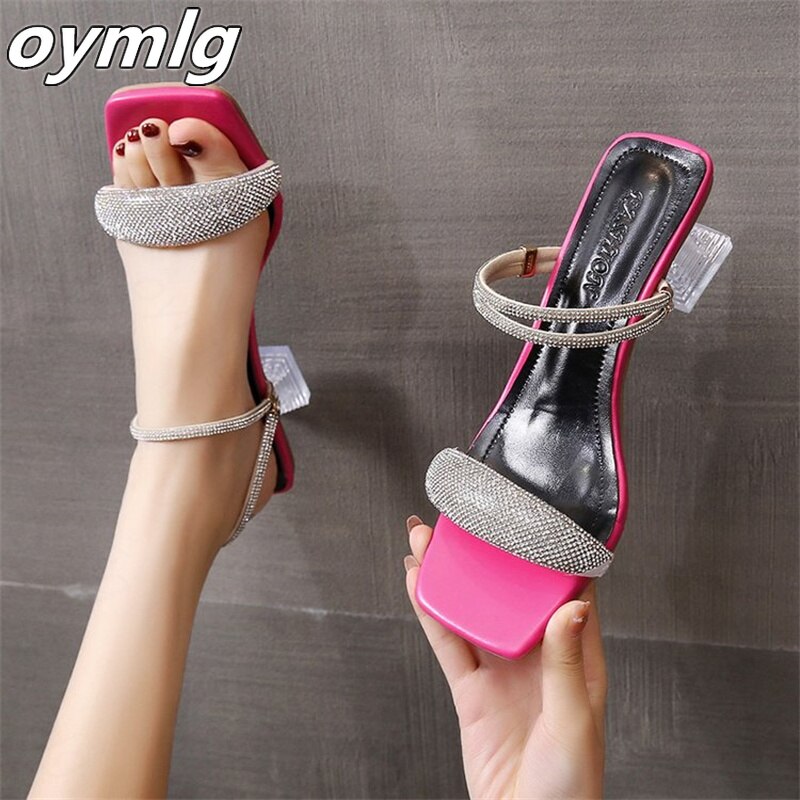 2022 summer rhinestone sandals, medium heels, thick heels, one word with two slippers, fairy high heels women&#39;s shoes