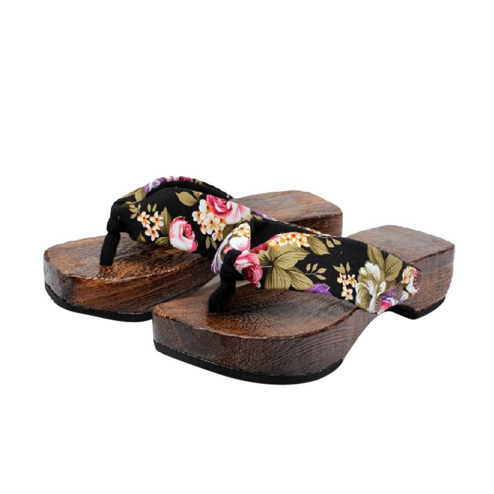 Bohemen houten slippers dames zomer strand casual schoenen japanse stijl klomp slippers plateau leien lage hak slides etnische: Zwart / 40