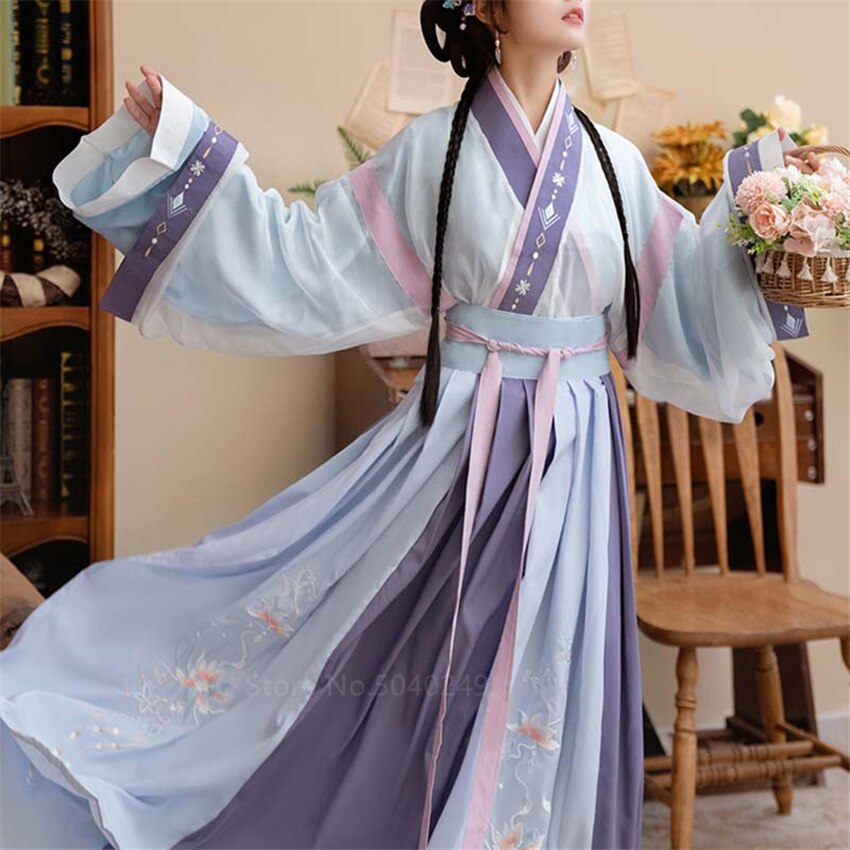 Chinese Ancient Traditional Hanfu Women Bandage Embroidery Print Fairy Dress Autumn Long Sleeve Performance Costume