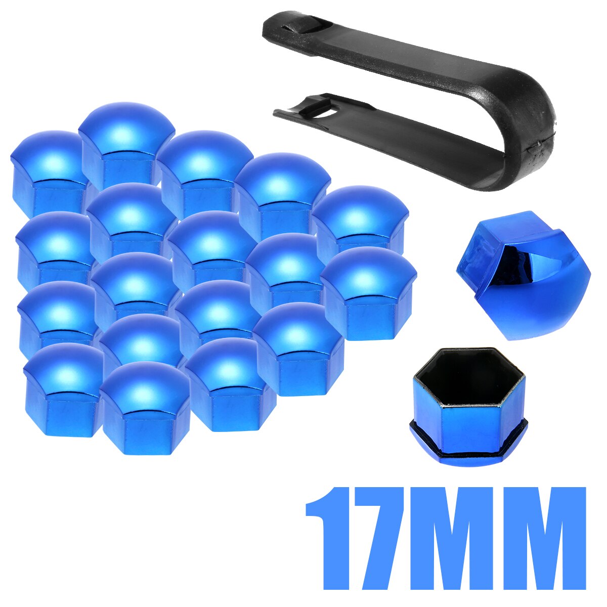 20pcs/set 17/19/21mm Universal Wheel Nut Bolt Cover Cap Exterior Decoration Protecting Bolt + Removal Tool Red/Blue: blue 17MM