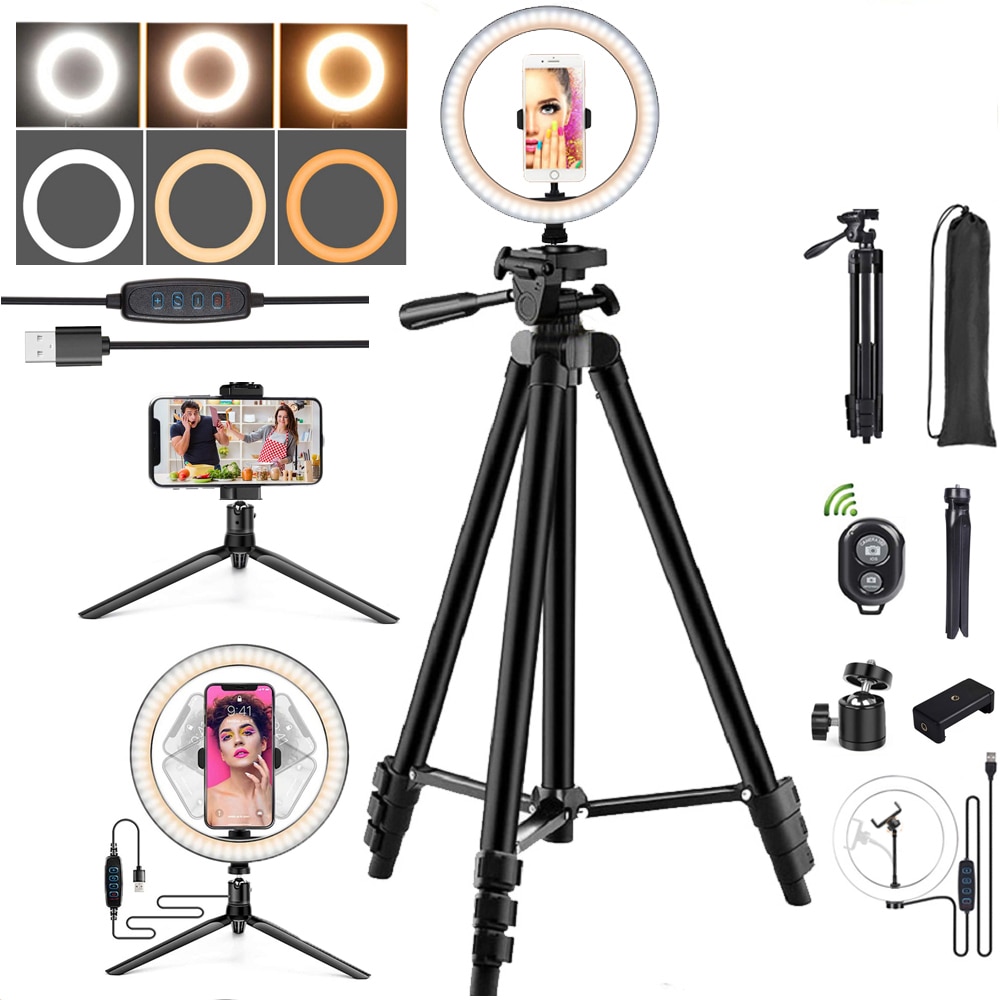 10 "ledet selfie ring lys trepied dæmpbar lampe telefon stativ holder cirkel fyld lys makeup fotografering desktop ringlys stativ