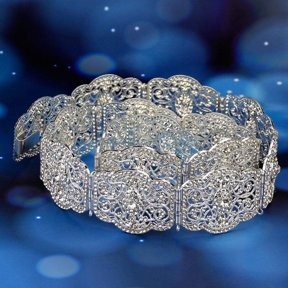 Sunspicems CINTURÓN DE caftán marroquí para mujer, vestido de boda, joyería, hebilla de Metal hueco, cadena de enlace, de novia de cristal completo: SM1902BT001silver