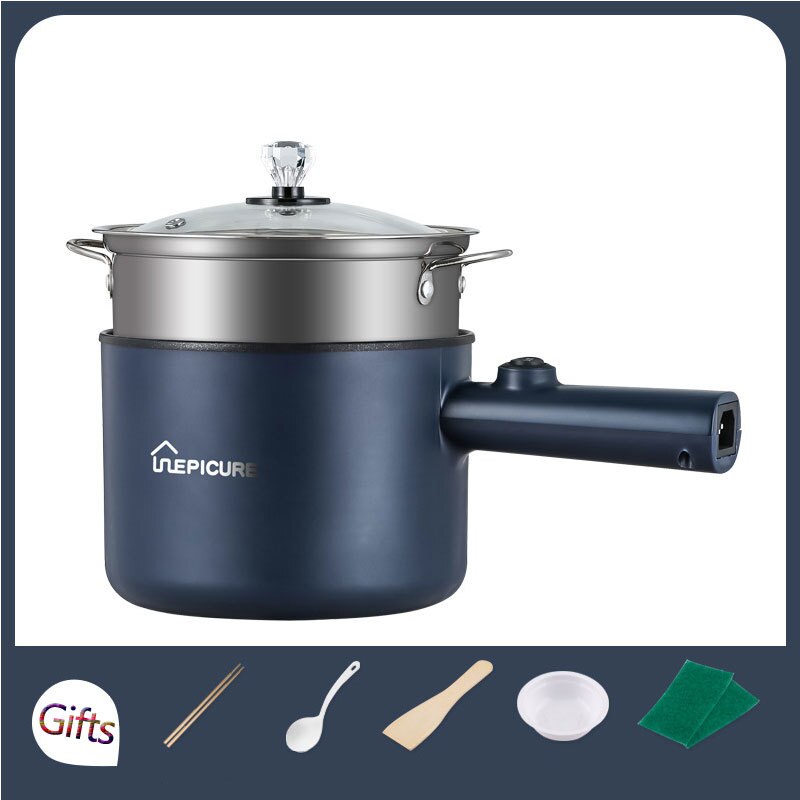 Elektrische Fornuis Machine Huishoudelijke 1-2 Mensen Pot Multi Elektrische Rijstkoker Non-stick Pan 110-220V Enkele/Dubbele Laag: Blue with 1 steamer / UK