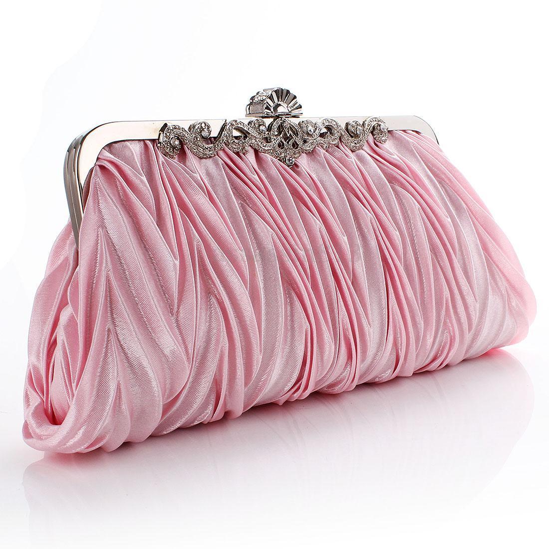 Women Pleated Satin Clutch Wedding Evening Bag Party Bridal Handbag Purse Bags: Pink