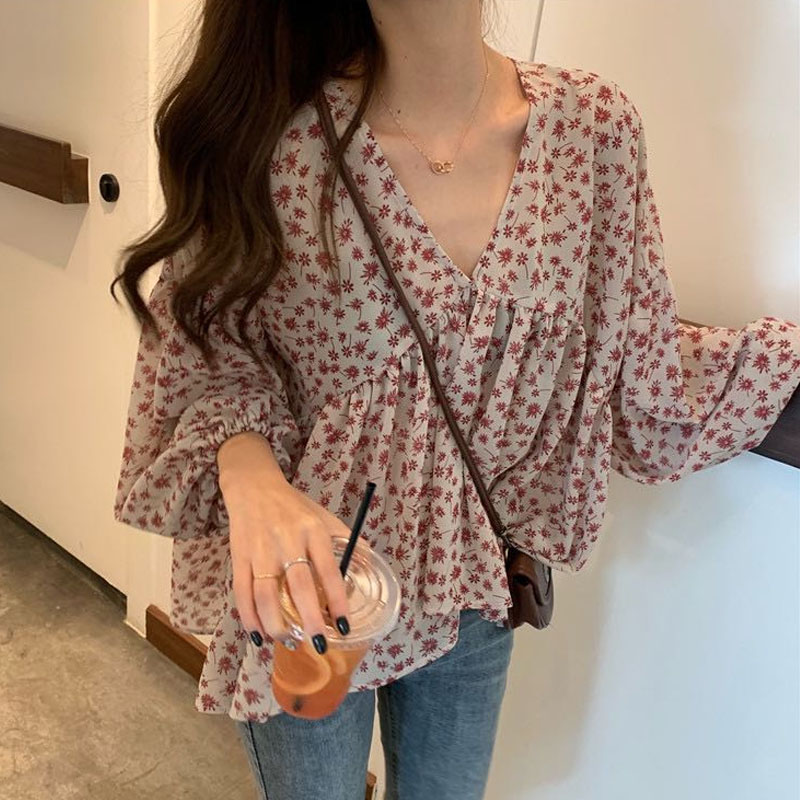 Camisa de gasa con cuello en V para mujer, blusas dulces, blusa coreana con estampado Floral de manga larga, ropa informal holgada y ajustada para mujer 2023 9307