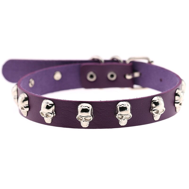 Trendy Punk Rock Silver Color Alloy Skull Leather Choker Necklace For Women Men Collar Jewelry: Purple