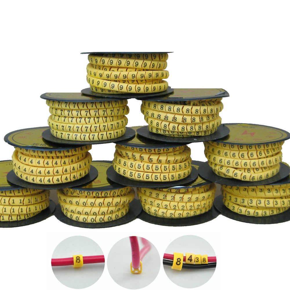 3500 st mjuk pvc power wire nummermarkör set nr . 0 ~ 9, gul kabelmarkör, trådmarkering, trådidentifieringsetikett