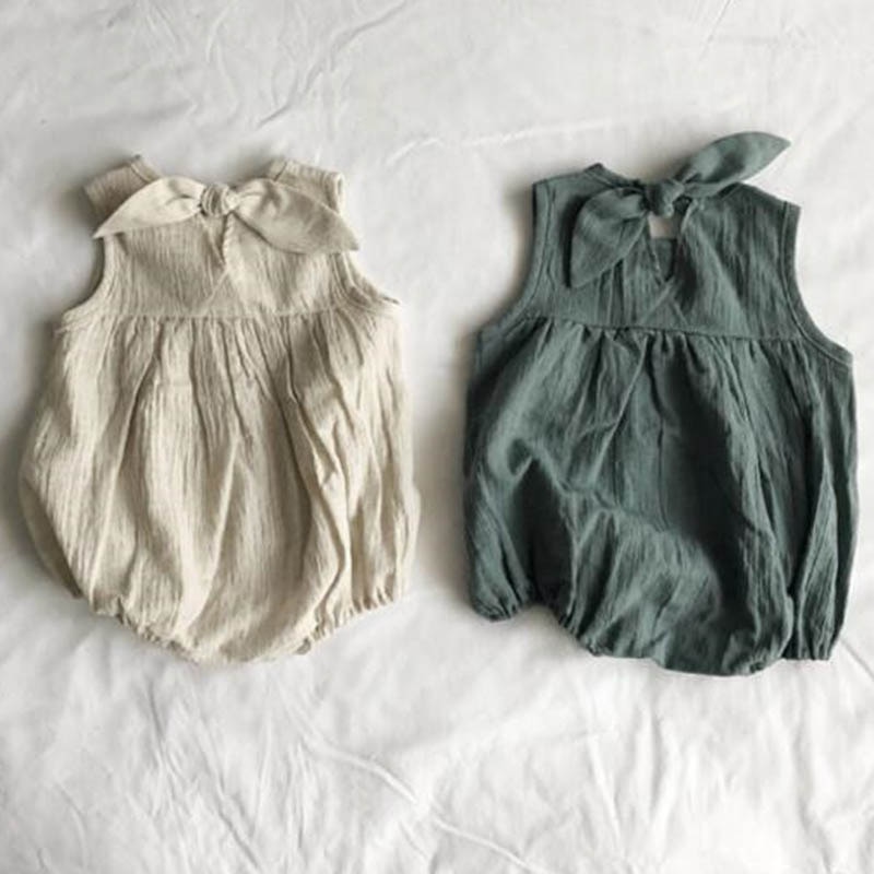 Baby pige bukser sommer stil baby drenge bukser hamp-bomuld ærmeløs sløjfe kravledragt baby pige tøj nyfødt jumpsuit