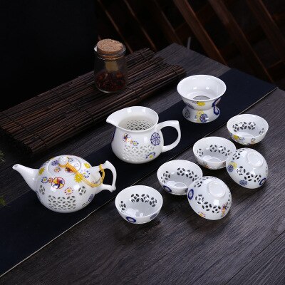 Exquisite Peony Automatic Tea Set Blue and White Ceramic Porcelain Hollow Honeycomb Tea set Teapot Teacup Gaiwan Tea Sets Suit: E