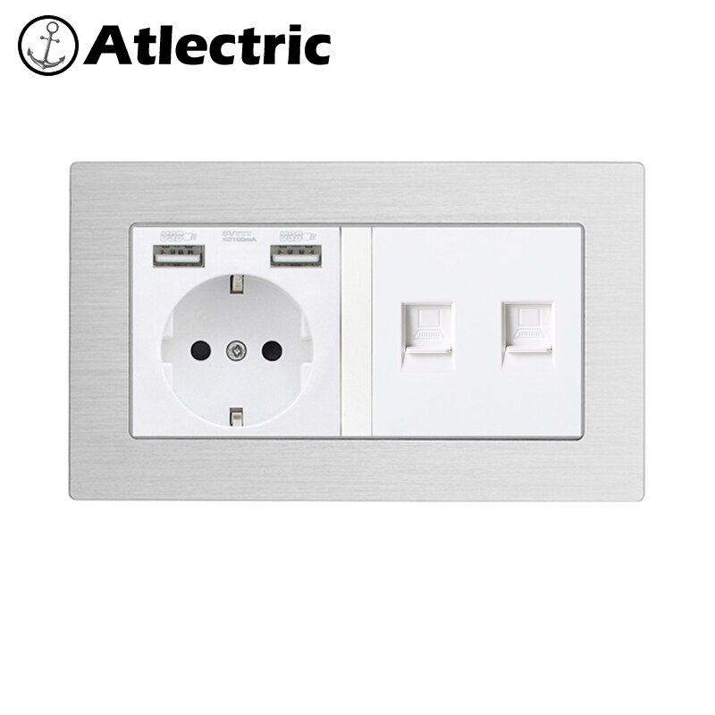 Atlectric DE EU RU Plug Wall Socket With LED Indicator Dual USB, RJ45, TV Port Double Socket Power Outlet Metal Panel 146mm*86mm