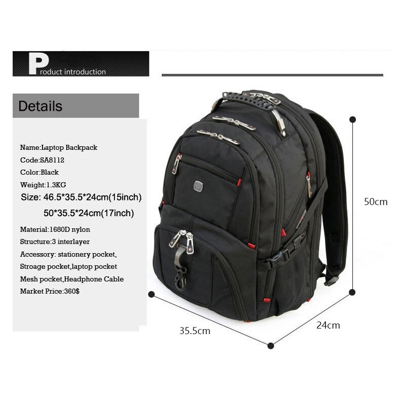 Bijgewerkt Zwitserse-Multifunctionele Water Resistantravel Zakken 17.3 Inch Laptop Rugzak Usb-poort Opladen Super Duurzaam Schooltas