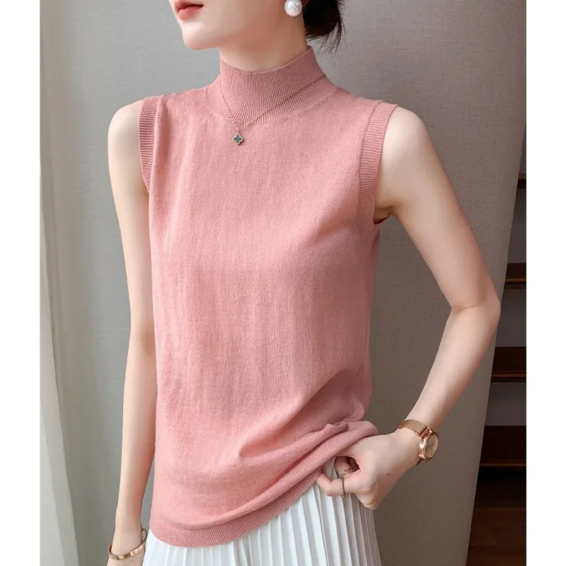 Kamgarn ren ull dame høst og vinter halvhøy krage kort slank passe innvendig basegenser ermeløs Vest dame: S / Rosa
