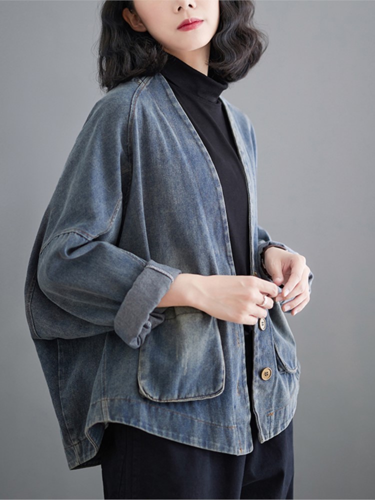 Denim oversized forårsfrakke kvinder afslappet løs plisseret dame cropped jakker langærmet v-hals damejakker frakker