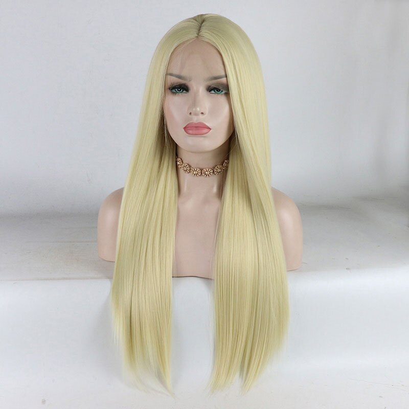 Bombshell Honey Blonde Yaki Straight Synthetic Lace Front Wig Glueless Heat Resistant Fiber Hair Middle Parting For Women Wigs