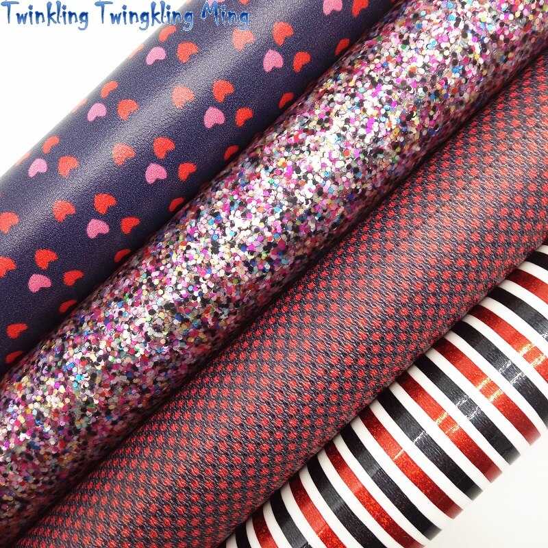 Gemengde kleuren glitterstof, strepen harten bedrukt synthetisch leer, imitatiestof voor strik  a4 21 x 29cm glinsterende ming  km009
